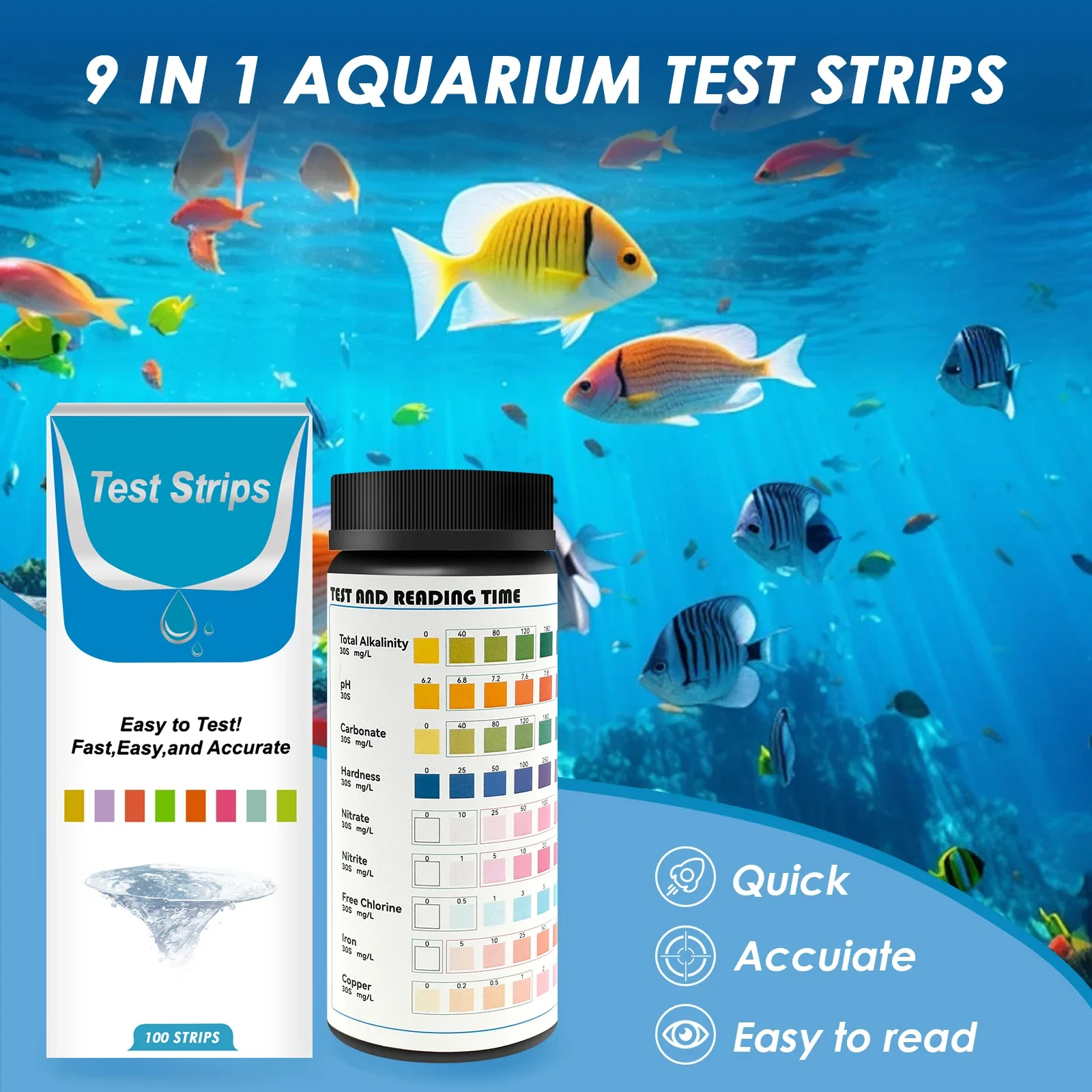 100 قطعة 9-IN-1 حوض السمك اختب - مراجعة Marine Aquarium Water Test Kit وسعره